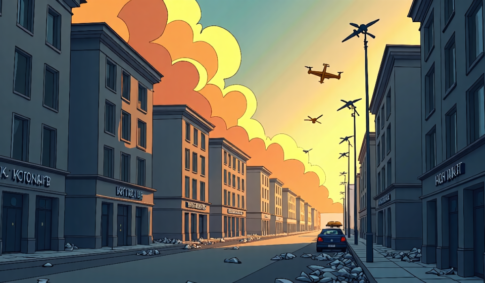 Russian Missile and Drone Assault Hits Kyiv, Leaving Businesses in Ruins — AI-generated editorial illustration