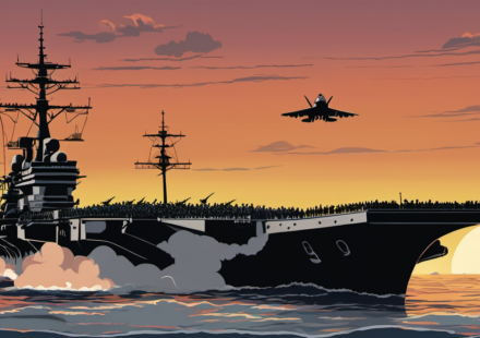 USS Abraham Lincoln Departs Middle East After Nine-Month Deployment — AI-generated editorial illustration
