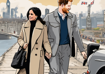 Prince Harry and Meghan Return to the U.K. After Six Years Away — AI-generated editorial illustration