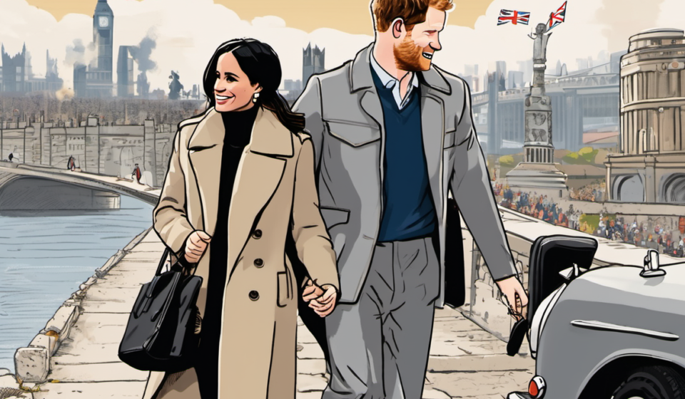 Prince Harry and Meghan Return to the U.K. After Six Years Away — AI-generated editorial illustration