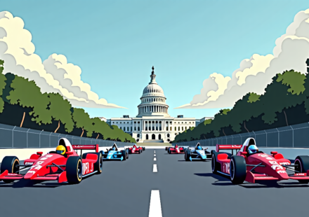 IndyCar Drivers Marvel at Washington’s History Before Freedom 250 — AI-generated editorial illustration