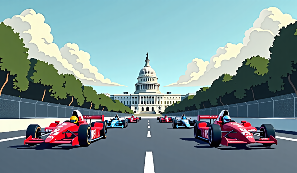 IndyCar Drivers Marvel at Washington’s History Before Freedom 250 — AI-generated editorial illustration