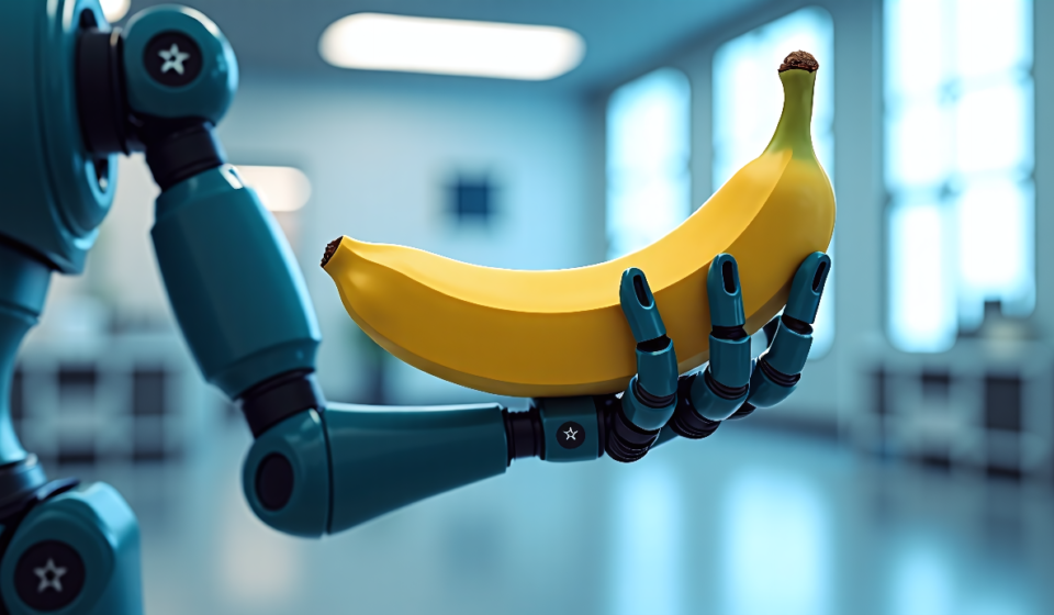 Robotic Arm Learns on the Spot, Using a Banana as a Tool — AI-generated editorial illustration