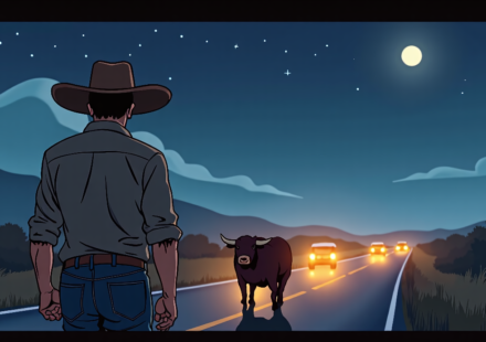 Late‑Night Bull Run on Highway 35 Ends with Rancher’s Quick Thinking — AI-generated editorial illustration