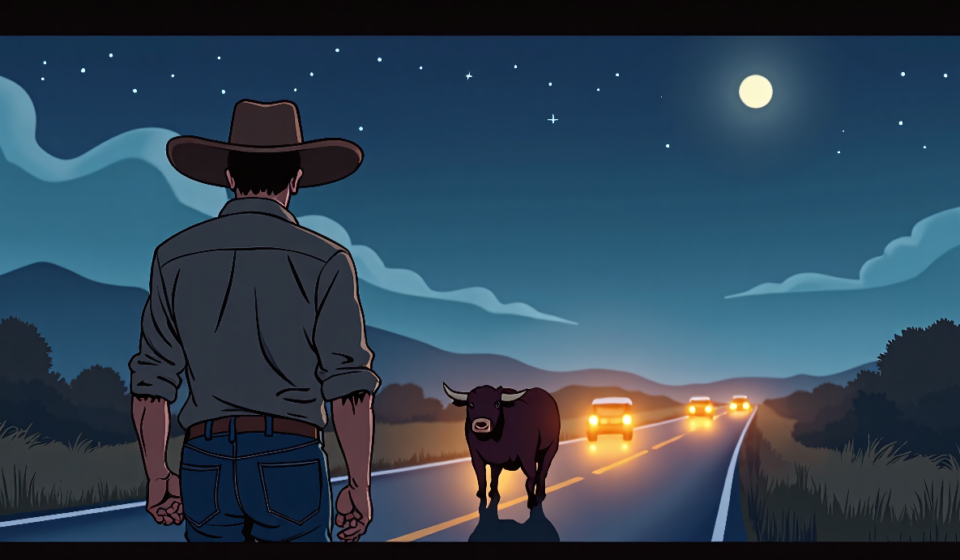 Late‑Night Bull Run on Highway 35 Ends with Rancher’s Quick Thinking — AI-generated editorial illustration