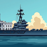 USS Lincoln Departs Middle East, White House Continues Ballroom Build — AI-generated editorial illustration