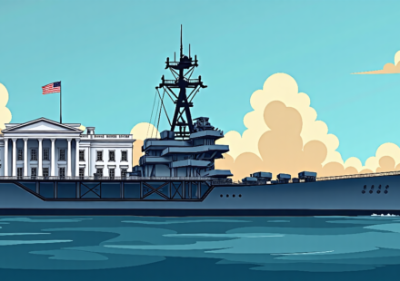 USS Lincoln Departs Middle East, White House Continues Ballroom Build — AI-generated editorial illustration