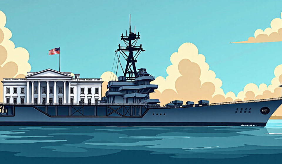 USS Lincoln Departs Middle East, White House Continues Ballroom Build — AI-generated editorial illustration