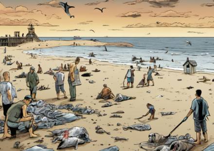 Massive Dogfish Shark Stranding on Jersey Shore Leaves 30 Dead — AI-generated editorial illustration