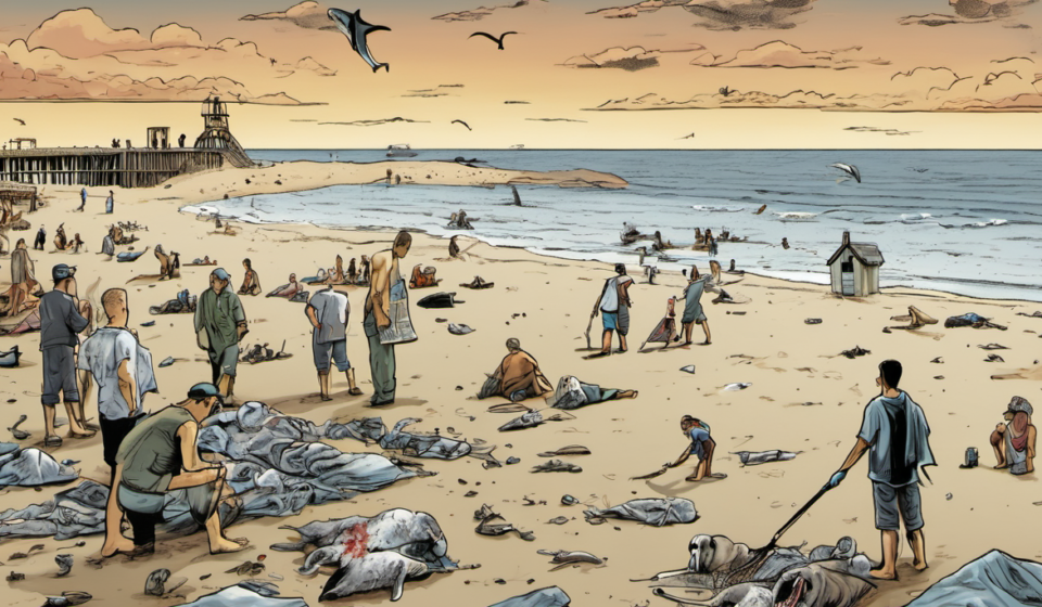 Massive Dogfish Shark Stranding on Jersey Shore Leaves 30 Dead — AI-generated editorial illustration