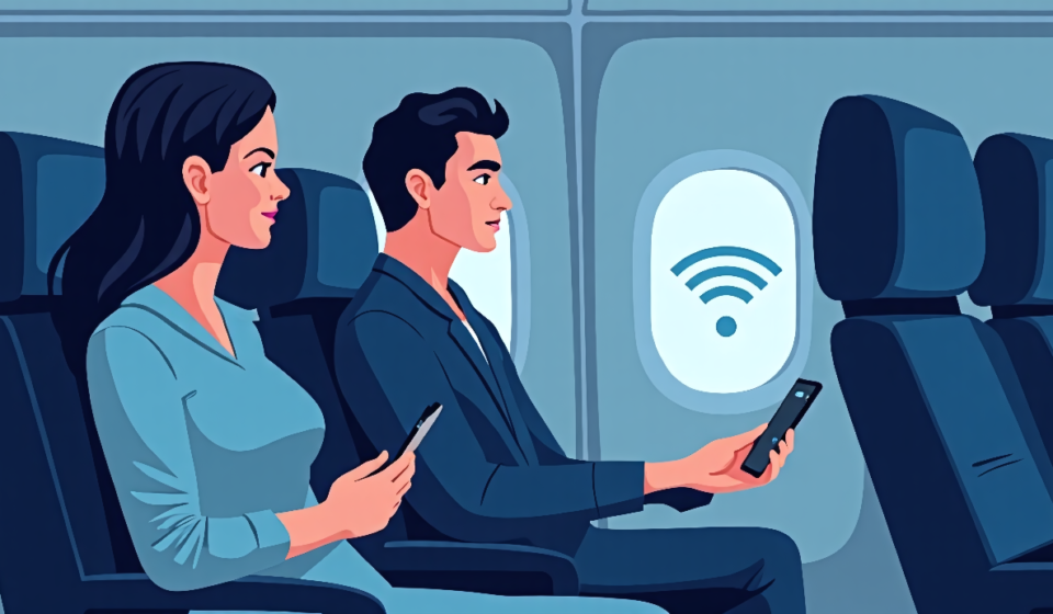 Delta Flight Faces 30‑Minute Wi‑Fi Shutdown After Rogue Network — AI-generated editorial illustration