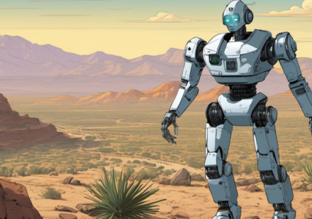 Humanoid Robots Patrol Southern Border: A Futuristic Solution to Surveillance — AI-generated editorial illustration