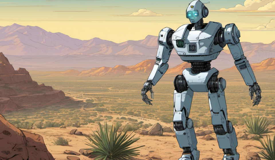 Humanoid Robots Patrol Southern Border: A Futuristic Solution to Surveillance — AI-generated editorial illustration