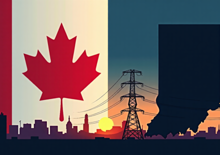 Canada Imposes Retaliatory Tariffs on U.S., Power Outage Hits Gary, Indiana — AI-generated editorial illustration