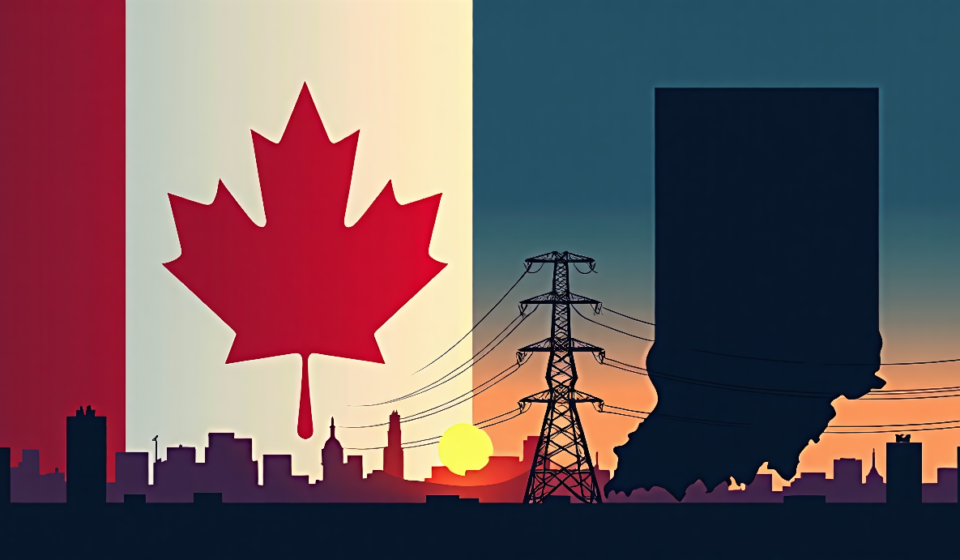 Canada Imposes Retaliatory Tariffs on U.S., Power Outage Hits Gary, Indiana — AI-generated editorial illustration