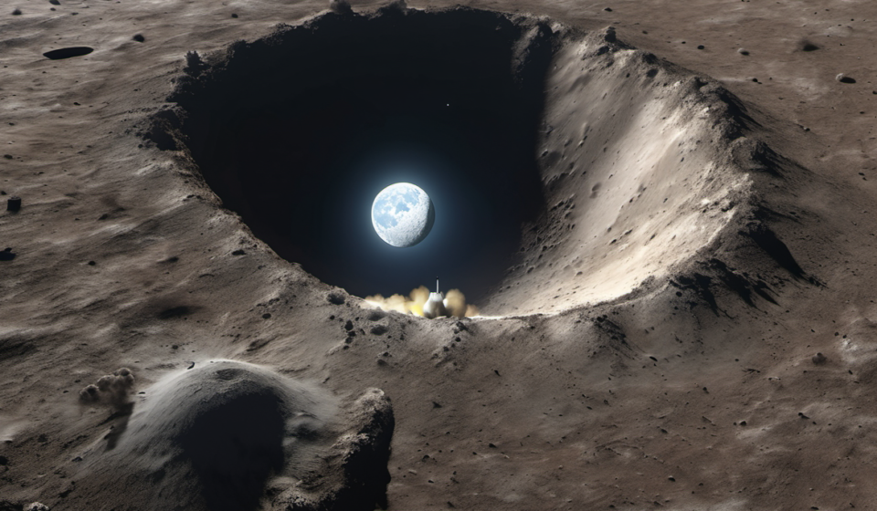 SpaceX Rocket Accidentally Crashes Into Moon, Creating 100‑Foot Crater — AI-generated editorial illustration