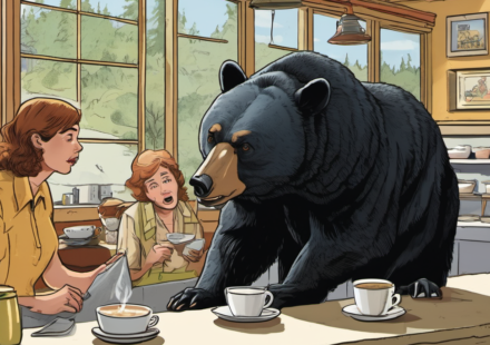 Bear Stuns Anniversary Couple by Jumping on Gatlinburg Tea Shop Counter — AI-generated editorial illustration