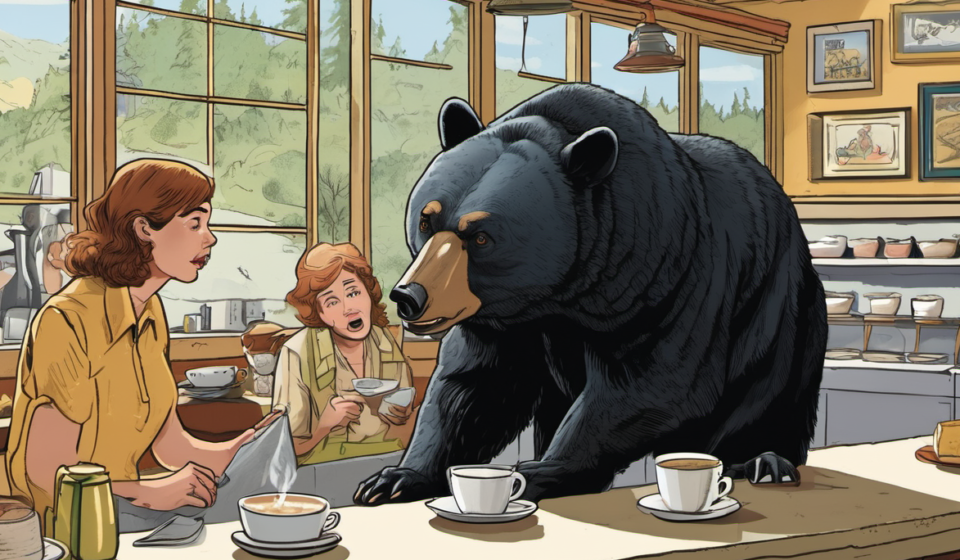 Bear Stuns Anniversary Couple by Jumping on Gatlinburg Tea Shop Counter — AI-generated editorial illustration