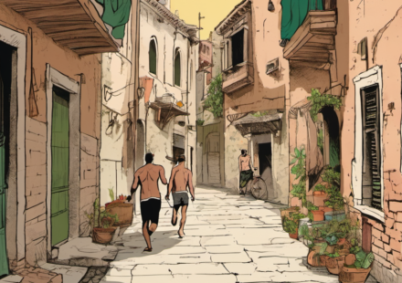 Venice Dress Code Shock: Shirtless Running Couple Faces Fine — AI-generated editorial illustration