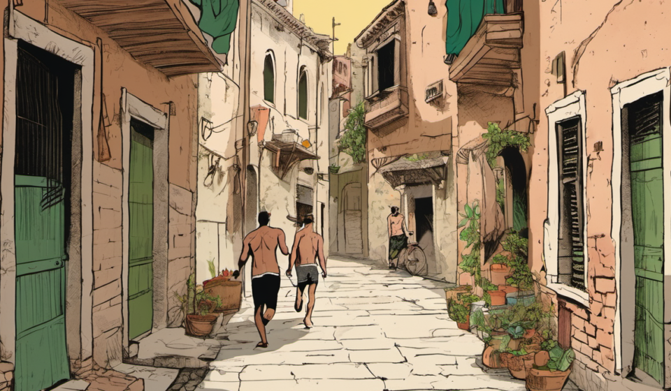 Venice Dress Code Shock: Shirtless Running Couple Faces Fine — AI-generated editorial illustration