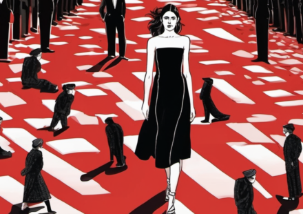 Margaret Qualley Stuns at London Premiere in Bare‑Footed Chanel Shoes — AI-generated editorial illustration