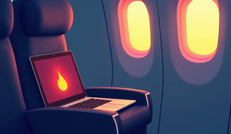 Laptop Fire on American Airlines Flight Sparks Battery Safety Concerns — AI-generated editorial illustration