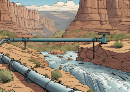 Grand Canyon Pipeline Crisis: Flooding Hinders $200M Repair — AI-generated editorial illustration