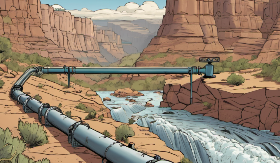 Grand Canyon Pipeline Crisis: Flooding Hinders $200M Repair — AI-generated editorial illustration