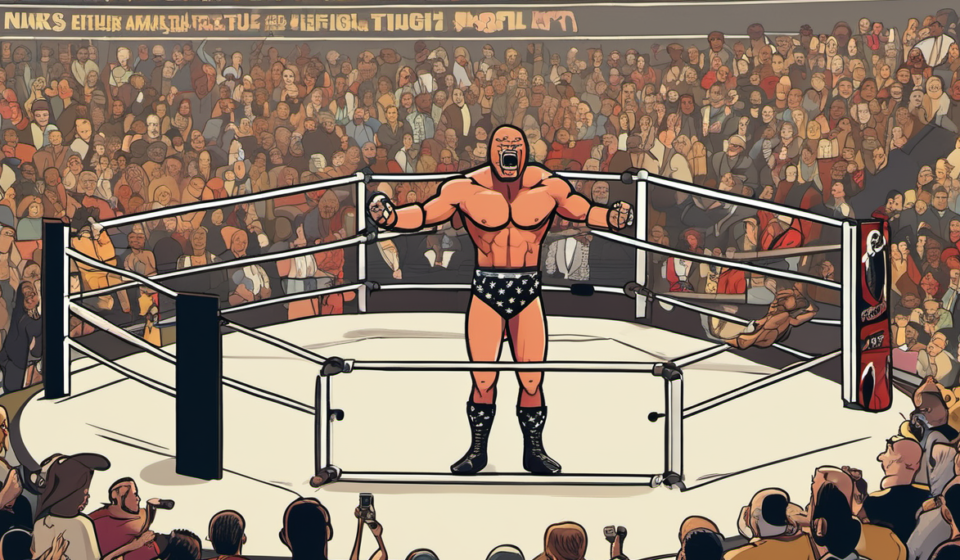 Danhausen’s Surreal Birthday Surprise at WWE House Show — AI-generated editorial illustration
