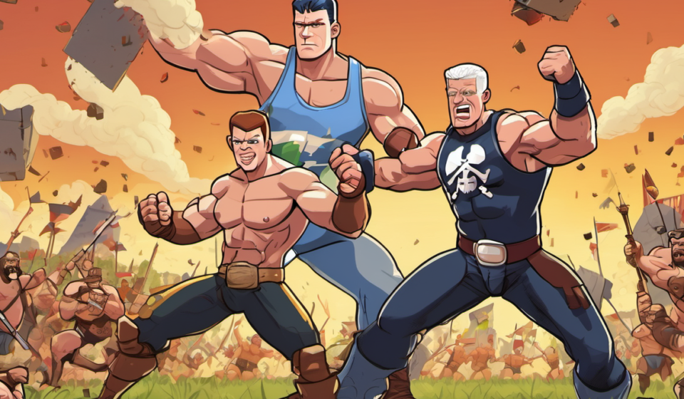 John Cena Challenges Cody Rhodes in Clash of Clans Ad — AI-generated editorial illustration