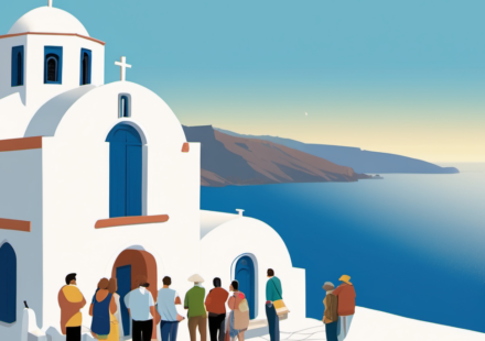 Santorini’s Oia Churches Turn Into Tourist Photo Lines — AI-generated editorial illustration