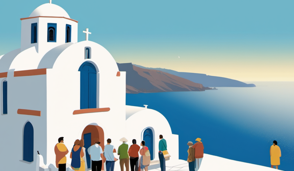 Santorini’s Oia Churches Turn Into Tourist Photo Lines — AI-generated editorial illustration