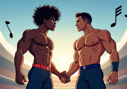 Kofi & Austin Creed Credit Big E for Their AEW Theme from A$AP Ferg — AI-generated editorial illustration