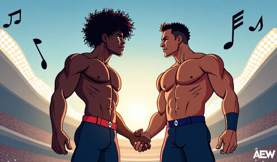 Kofi & Austin Creed Credit Big E for Their AEW Theme from A$AP Ferg — AI-generated editorial illustration