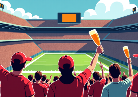 College Football Stadiums 2026: Beer Swords, Tachos, and Brisket Dogs — AI-generated editorial illustration
