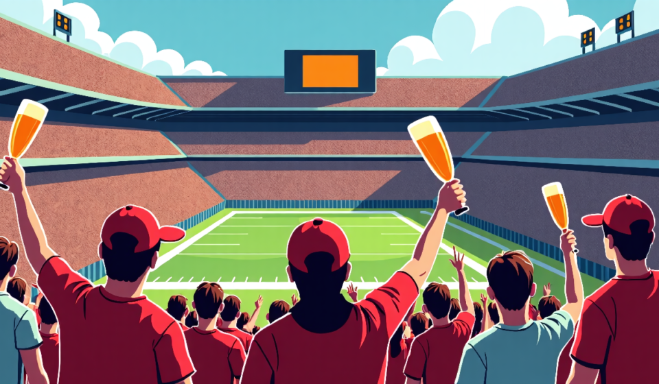College Football Stadiums 2026: Beer Swords, Tachos, and Brisket Dogs — AI-generated editorial illustration