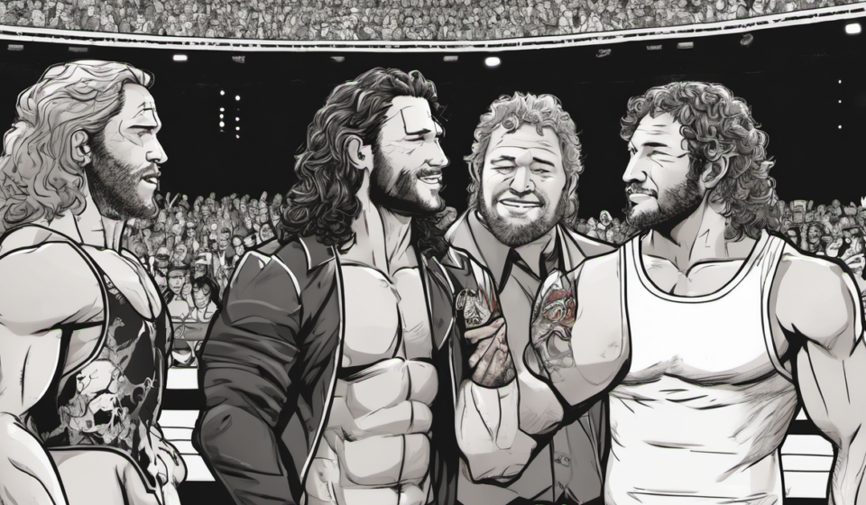 Young Bucks Share Intimate Backstage Moment With Kenny Omega Before AEW All In — AI-generated editorial illustration