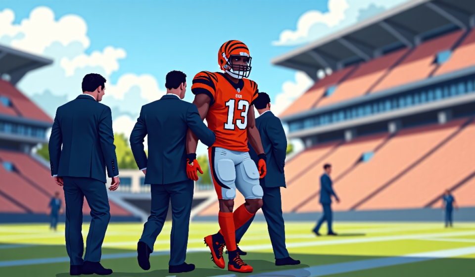 Ja'Marr Chase Leaves Bengals Practice With Apparent Knee Injury — AI-generated editorial illustration