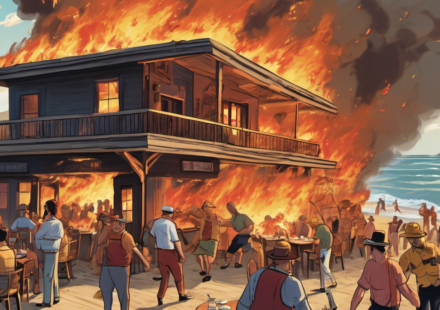 Bali Beach Restaurant Inferno: Balloon Explosion Sparks Fire — AI-generated editorial illustration