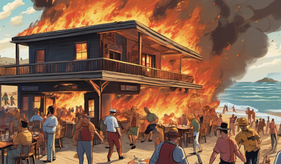 Bali Beach Restaurant Inferno: Balloon Explosion Sparks Fire — AI-generated editorial illustration