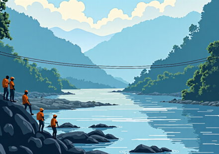 Rescue Teams Use Zip Lines to Move Citizens Over Flooded Rivers in Nepal — AI-generated editorial illustration