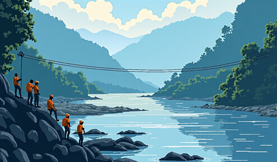Rescue Teams Use Zip Lines to Move Citizens Over Flooded Rivers in Nepal — AI-generated editorial illustration