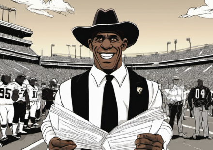 Deion Sanders Celebrates Colorado’s Stunning Win Over Georgia Tech — AI-generated editorial illustration