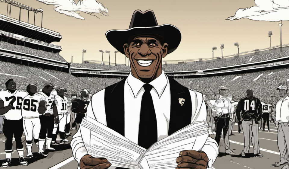Deion Sanders Celebrates Colorado’s Stunning Win Over Georgia Tech — AI-generated editorial illustration