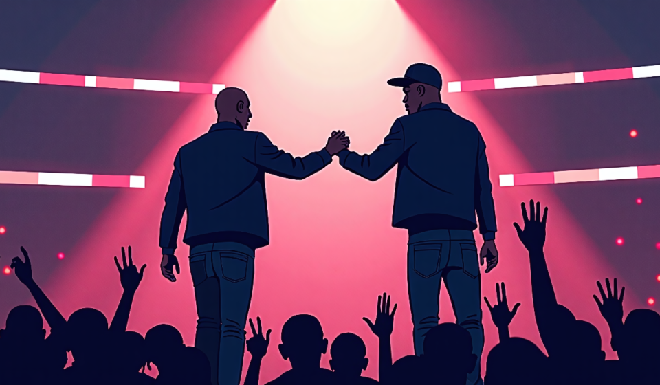 Kanye West and Big Sean End Feud on Chicago Stage — AI-generated editorial illustration