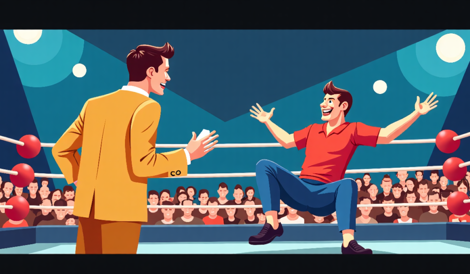 Justin Roberts Lightens Up AEW All In Mix‑Up with Humorous Post — AI-generated editorial illustration