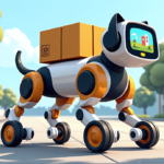 Robot Dog R‑Dog Delivers Packages While Showing Ads — AI-generated editorial illustration