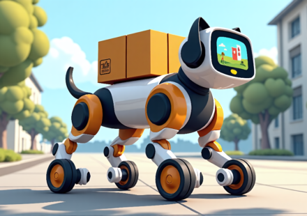 Robot Dog R‑Dog Delivers Packages While Showing Ads — AI-generated editorial illustration