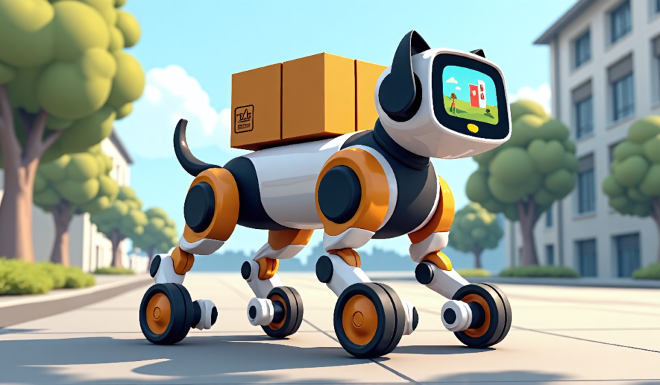 Robot Dog R‑Dog Delivers Packages While Showing Ads — AI-generated editorial illustration