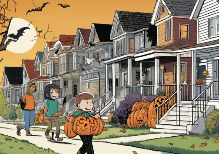 Neighborhoods Unite to Make 11‑Year‑Old’s Trick‑or‑Treat Birthday Unforgettable — AI-generated editorial illustration